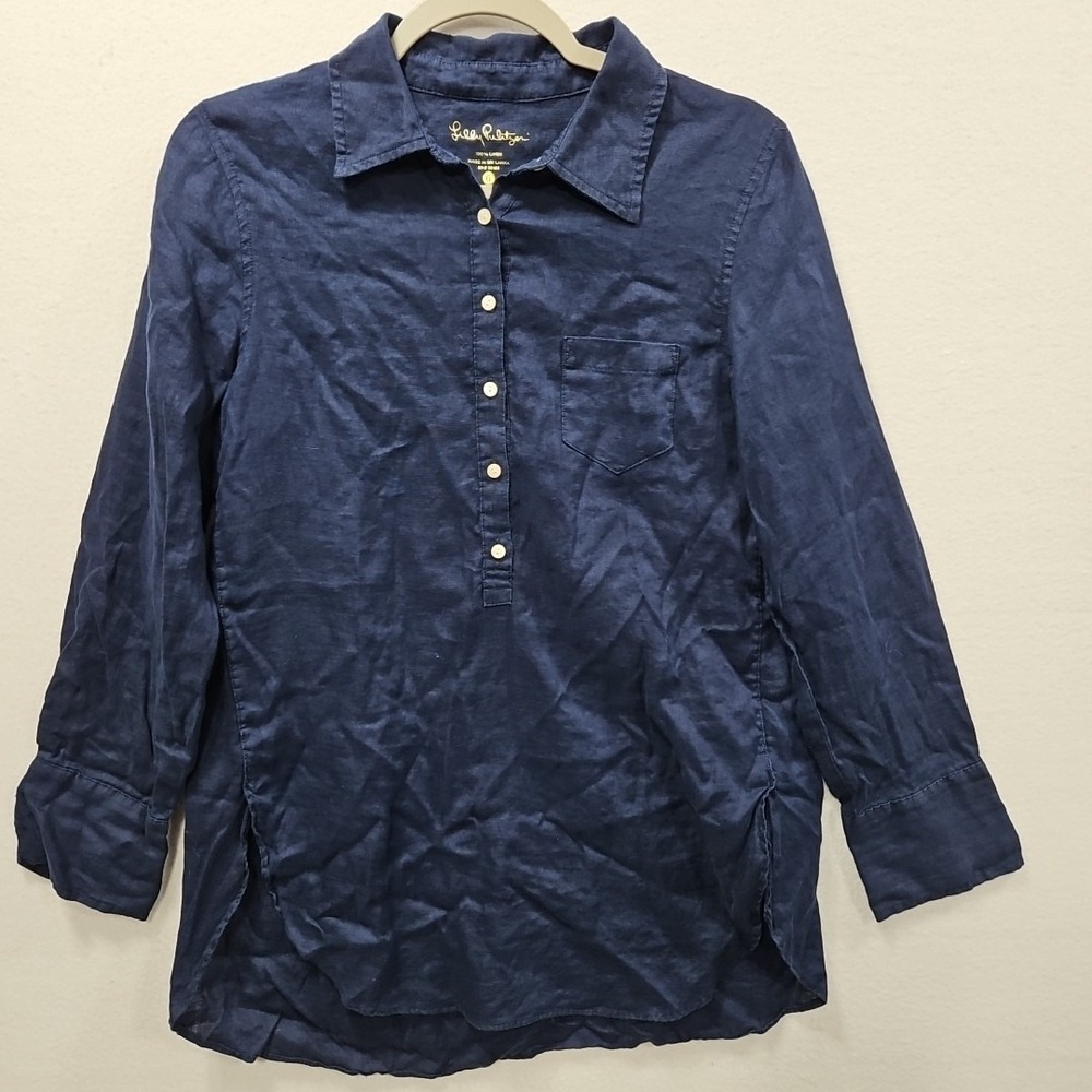 Lilly Pulitzer Womens Size 6 Navy Blue Deanna Popover Linen Woven Tunic 28689